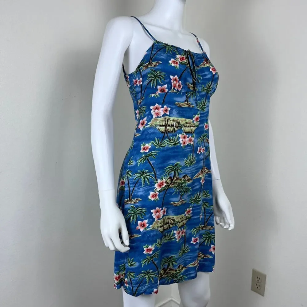 Vintage Women Size M Blue Floral Tropical Hawaiian Novelty Y2K Mini Slip Dress